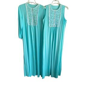Vintage Gossard Artemis Nightgown Robe Set Womens Large Blue Floral Lace USA 70s